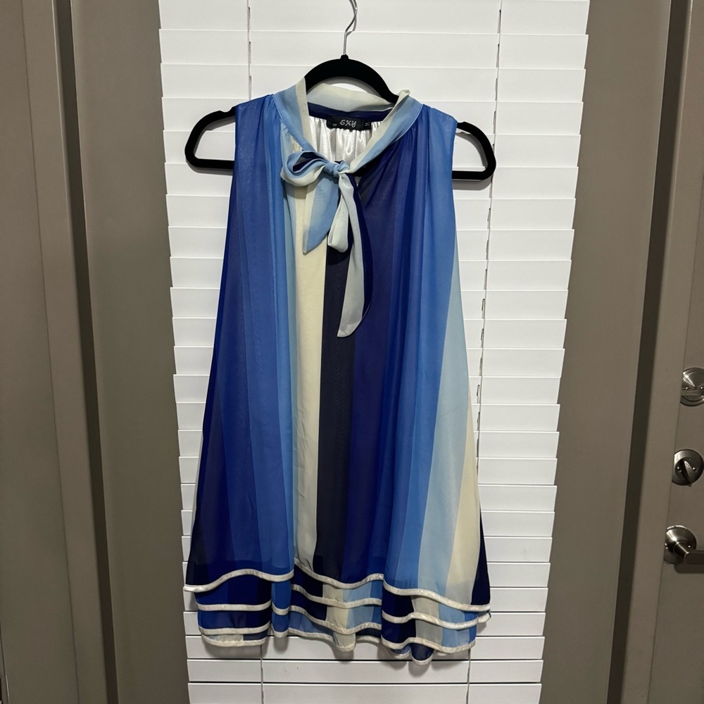 Sky Blue and White Striped Sleeveless Dress